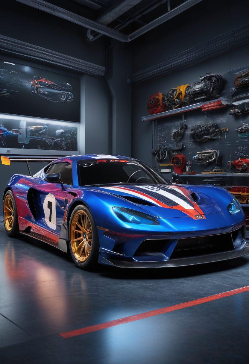 A sleek race car on a dynamometer, glowing with high-tech graphics illustrating engine performance metrics. Surround it with tools and blueprints symbolizing expert tuning methods, alongside gears and piston components. Capture a flawless road silhouette in the background, representing high-speed precision. Enhance with vibrant colors and a super-realistic style.
