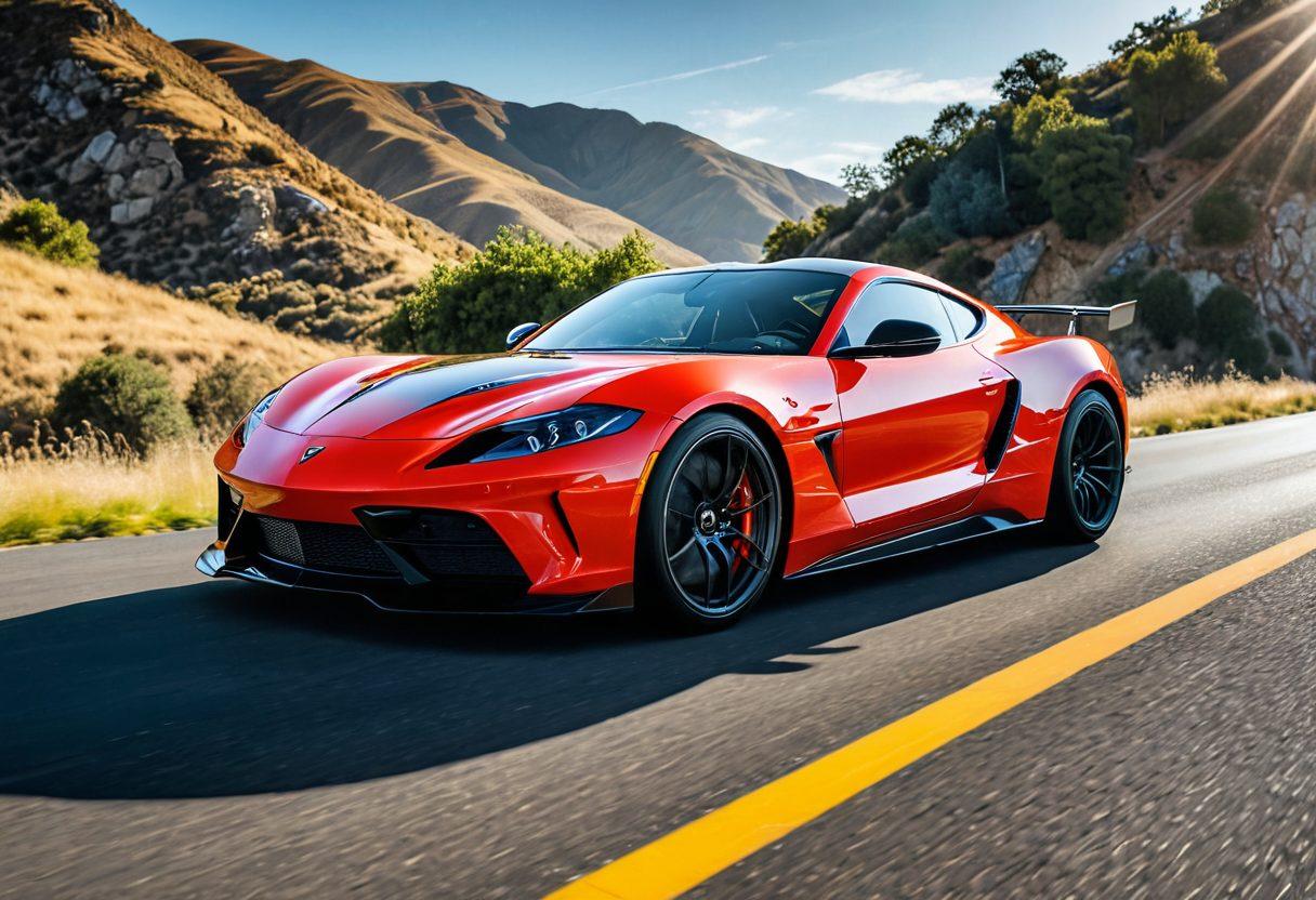 A dynamic scene featuring a sleek, modified sports car on an open road, with vibrant engine parts scattered around showcasing tuning tools and techniques. Include a close-up of a mechanic adjusting the car's suspension, while bright sunlight reflects off the car's glossy paint. The background should include a picturesque landscape, emphasizing speed and performance. super-realistic. vibrant colors. 3D.