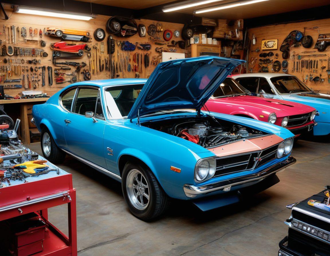 A vibrant garage scene featuring a diverse group of car enthusiasts actively modifying vehicles, surrounded by tools, parts, and colorful car accessories. The focus is on a car with a partially open hood showcasing advanced tuning tools, while posters of famous car modifications adorn the walls. An inviting atmosphere infused with creativity and passion for DIY car enhancements. vibrant colors. super-realistic. modern style.